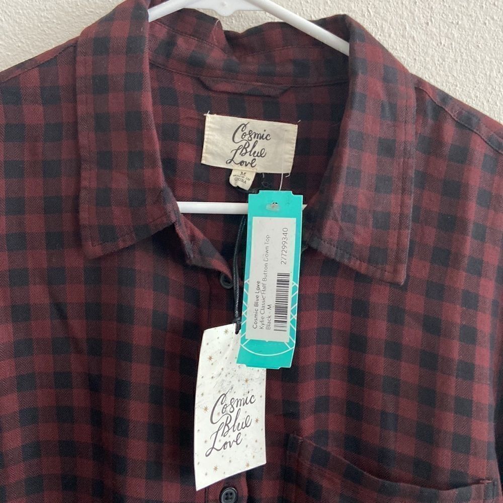 Cosmic Blue Love Top Button Down Black/Cheery NWT M